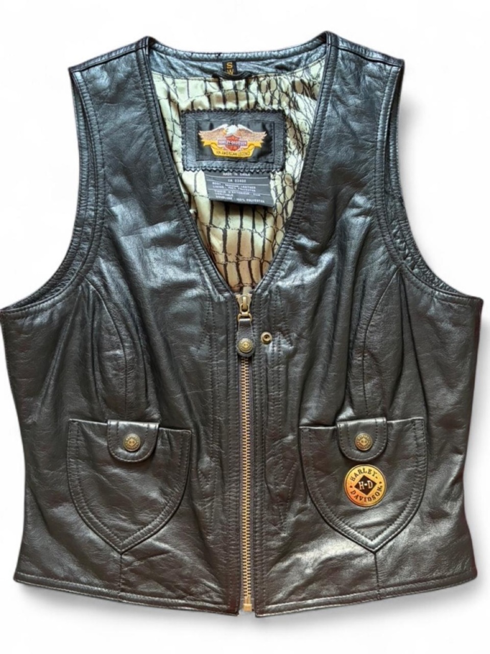 Vintage Harley Davidson black leather vest with snake print lining